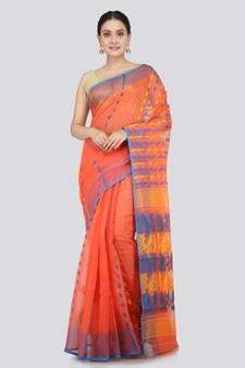 Pinkloom Women'S Orange Hand_Woven Soft Cotton Jamdani-Sarees Without Blouse Piece