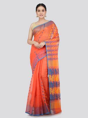 Pinkloom Women'S Orange Hand_Woven Soft Cotton Jamdani-Sarees Without Blouse Piece 1