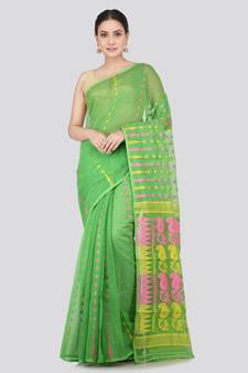 Pinkloom Women'S Green Hand_Woven Soft Cotton Jamdani-Sarees Without Blouse Piece