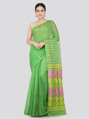 Pinkloom Women'S Green Hand_Woven Soft Cotton Jamdani-Sarees Without Blouse Piece 1