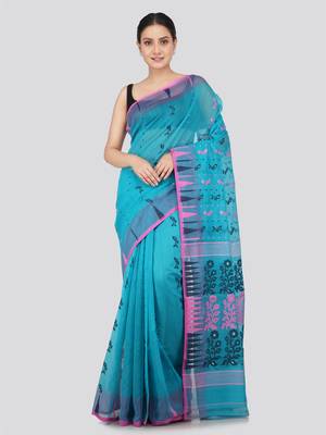PinkLoom Women's  Blue Hand_Woven Soft Cotton Jamdani-Sarees Without Blouse Piece 1