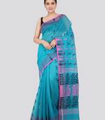 PinkLoom Women's  Blue Hand_Woven Soft Cotton Jamdani-Sarees Without Blouse Piece