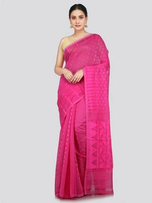 Pinkloom Women'S Pink Hand_Woven Soft Cotton Jamdani-Sarees Without Blouse Piece 1