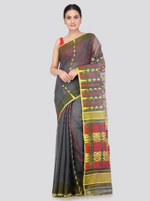 Pinkloom Women'S Black Hand_Woven Soft Cotton Jamdani-Sarees Without Blouse Piece 1