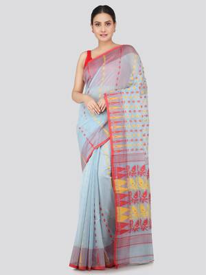 Pinkloom Women'S Blue Hand_Woven Soft Cotton Jamdani-Sarees Without Blouse Piece 1