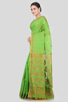 PinkLoom Women's  Green Hand_Woven Cotton-Silk-Sarees With Unstitched Blouse Piece