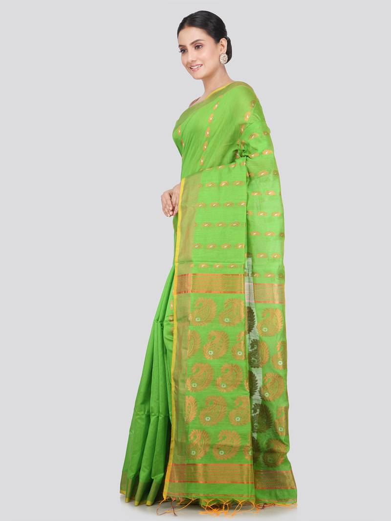 PinkLoom Women's  Green Hand_Woven Cotton-Silk-Sarees With Unstitched Blouse Piece