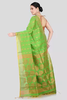 PinkLoom Women's  Green Hand_Woven Cotton-Silk-Sarees With Unstitched Blouse Piece