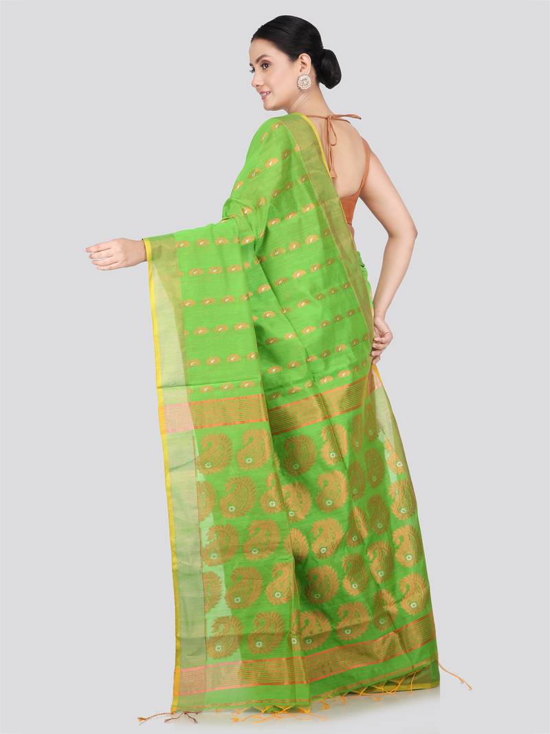 PinkLoom Women's  Green Hand_Woven Cotton-Silk-Sarees With Unstitched Blouse Piece