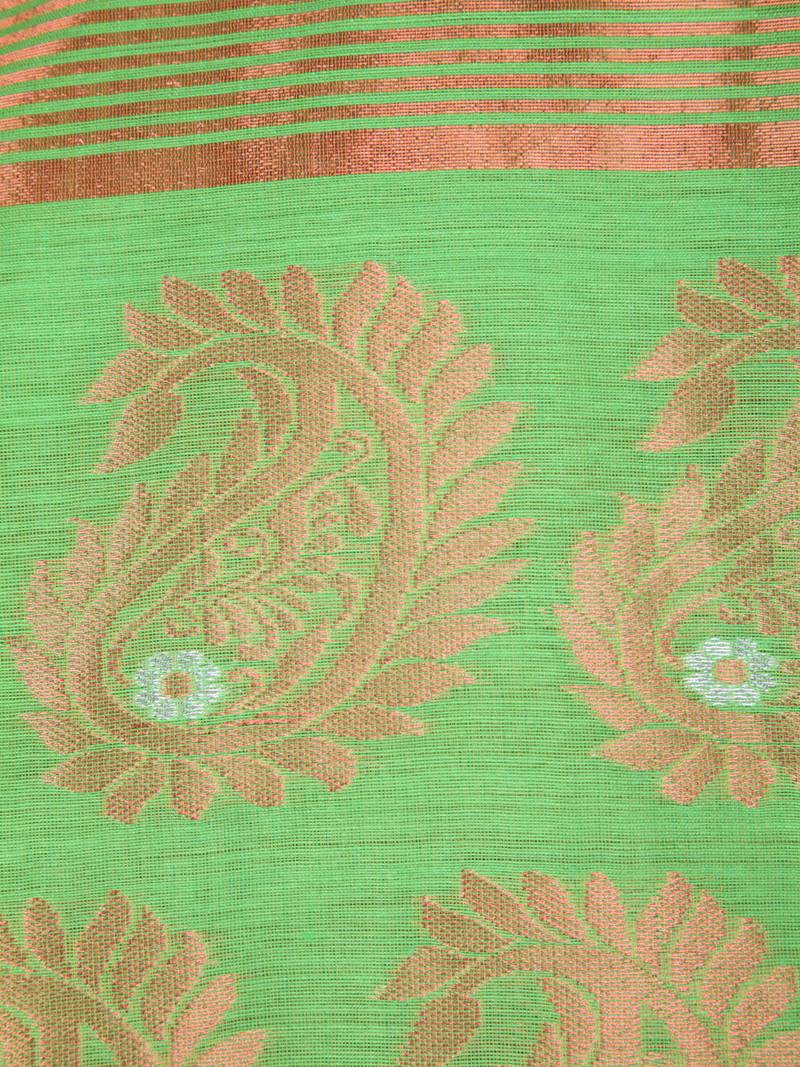 PinkLoom Women's  Green Hand_Woven Cotton-Silk-Sarees With Unstitched Blouse Piece