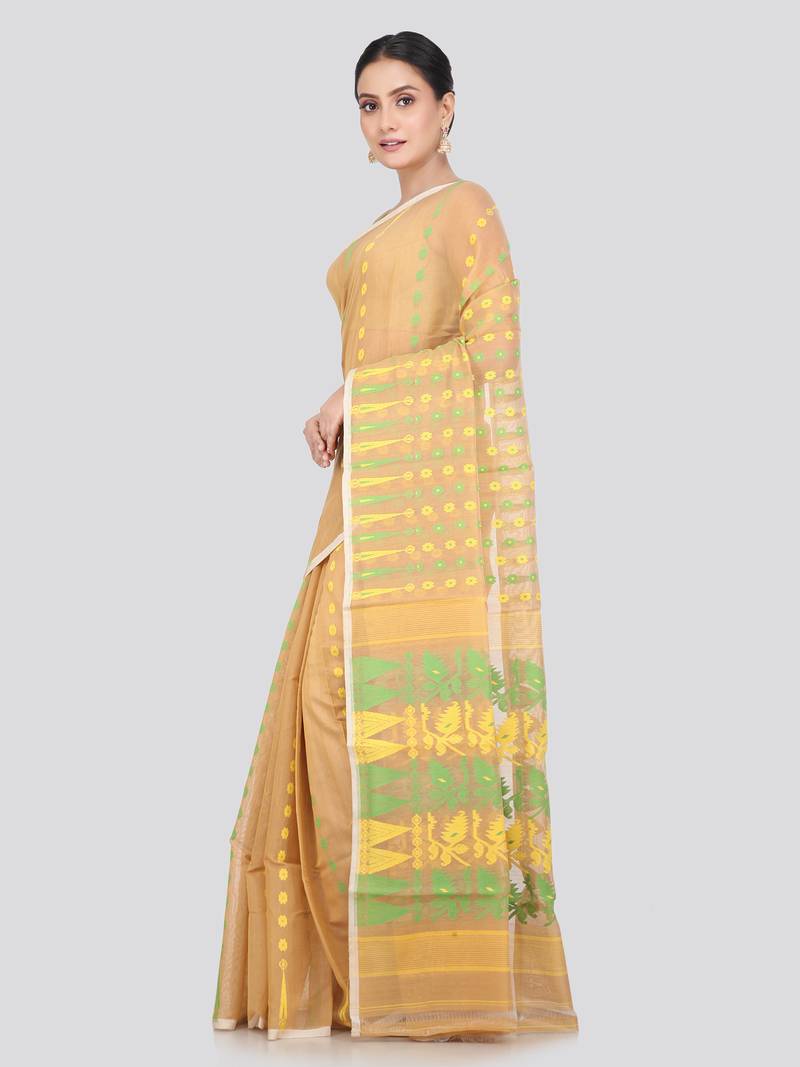 Pinkloom Women'S Beige Hand_Woven Soft Cotton Jamdani-Sarees Without Blouse Piece