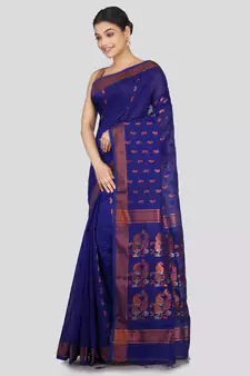 PinkLoom Women's  Blue Hand_Woven Cotton-Silk-Sarees With Unstitched Blouse Piece