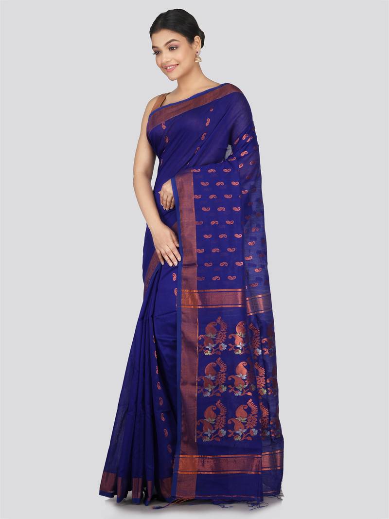 PinkLoom Women's  Blue Hand_Woven Cotton-Silk-Sarees With Unstitched Blouse Piece