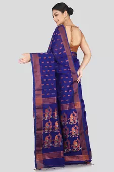 PinkLoom Women's  Blue Hand_Woven Cotton-Silk-Sarees With Unstitched Blouse Piece