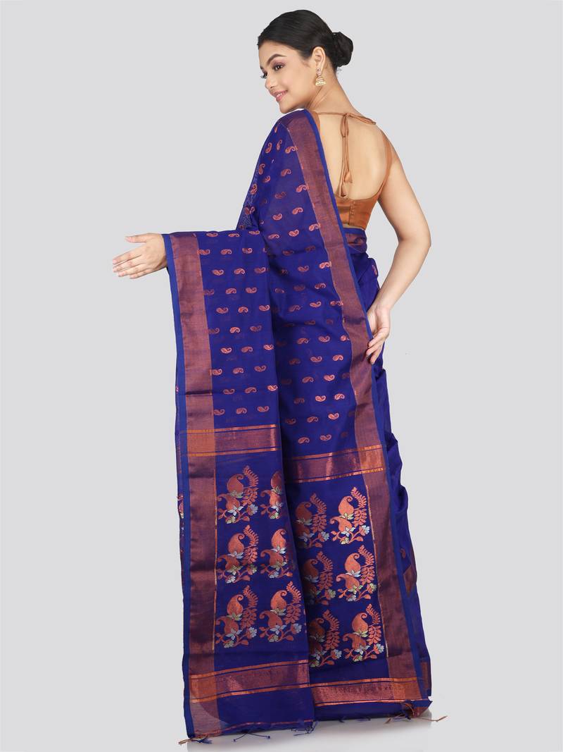 PinkLoom Women's  Blue Hand_Woven Cotton-Silk-Sarees With Unstitched Blouse Piece