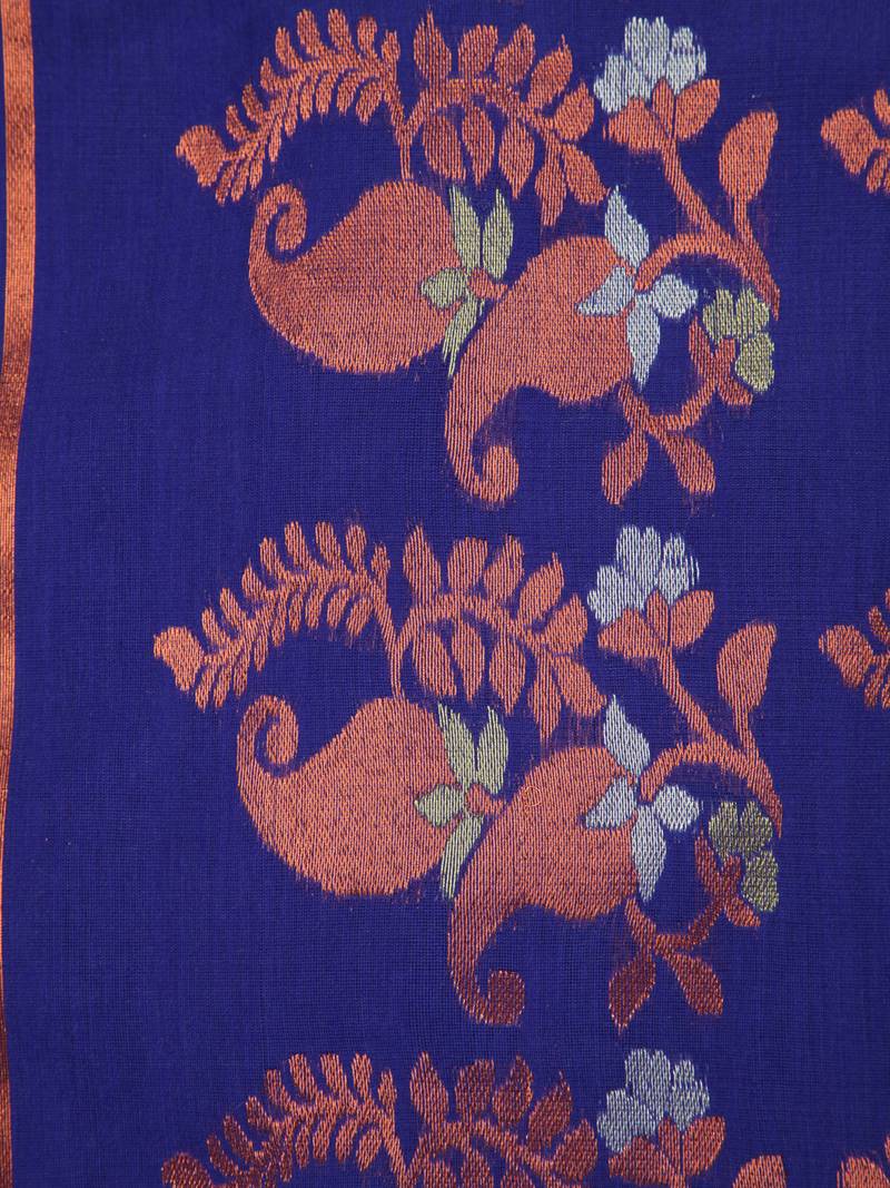 PinkLoom Women's  Blue Hand_Woven Cotton-Silk-Sarees With Unstitched Blouse Piece