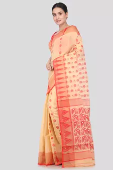 Pinkloom Women'S Beige Hand_Woven Soft Cotton Jamdani-Sarees Without Blouse Piece