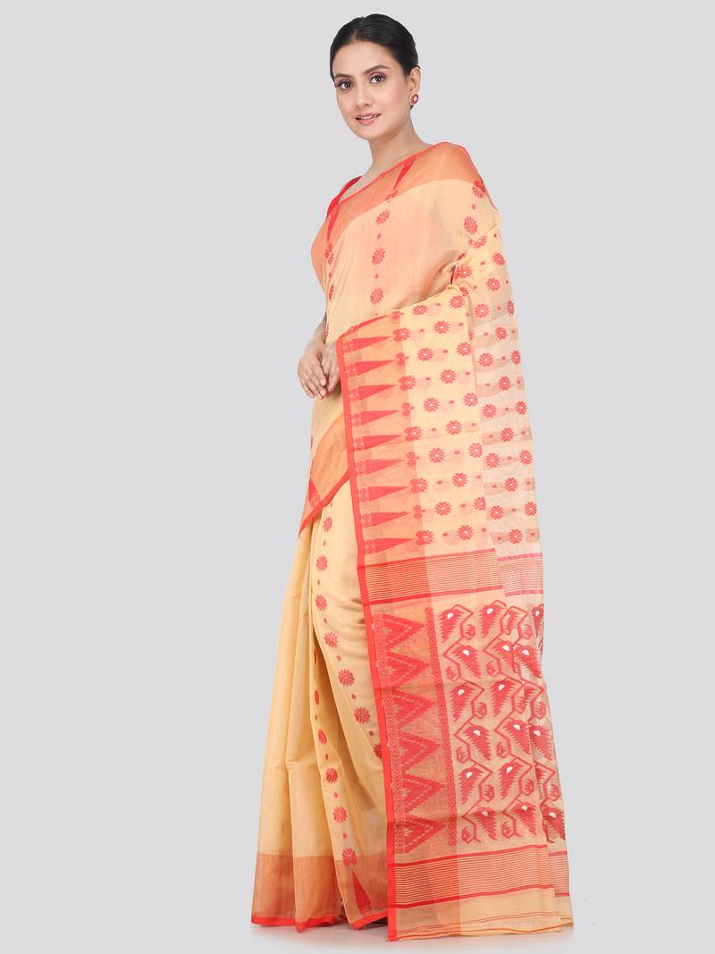 Pinkloom Women'S Beige Hand_Woven Soft Cotton Jamdani-Sarees Without Blouse Piece