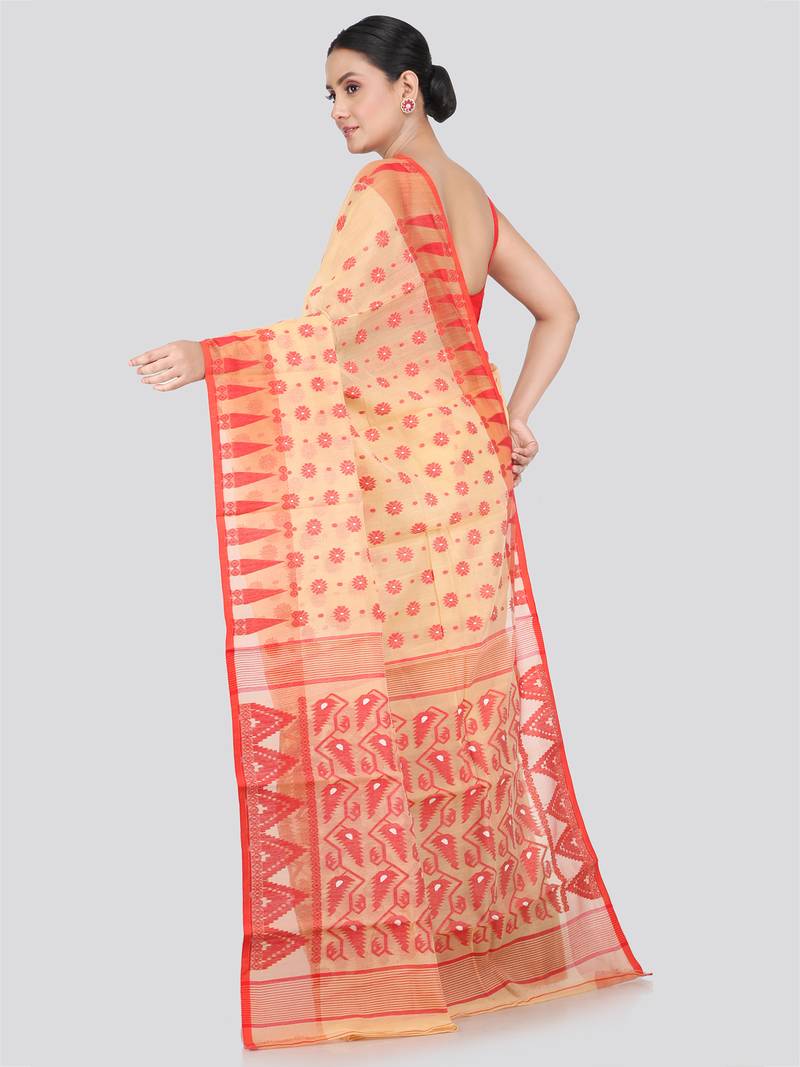 Pinkloom Women'S Beige Hand_Woven Soft Cotton Jamdani-Sarees Without Blouse Piece