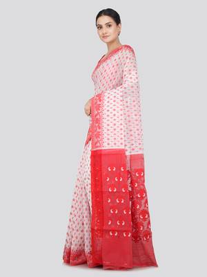 Pinkloom Women'S White Hand_Woven Soft Cotton Jamdani-Sarees Without Blouse Piece 2