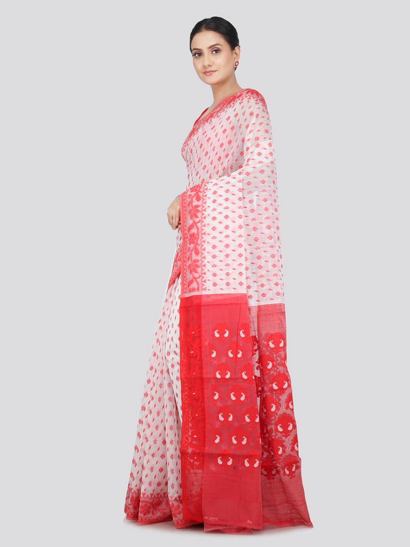 Pinkloom Women'S White Hand_Woven Soft Cotton Jamdani-Sarees Without Blouse Piece
