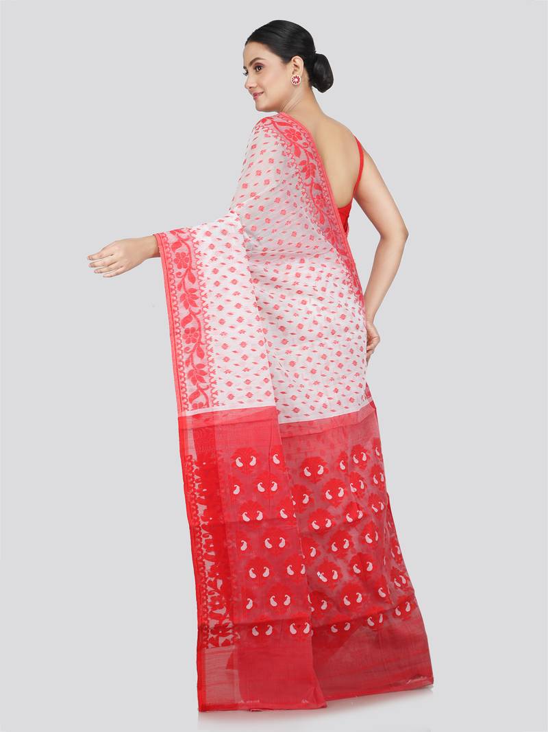 Pinkloom Women'S White Hand_Woven Soft Cotton Jamdani-Sarees Without Blouse Piece