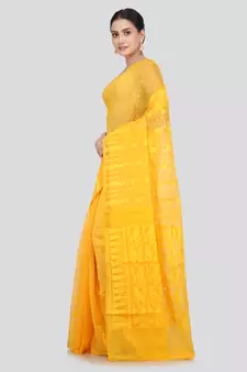 Pinkloom Women'S Yellow Hand_Woven Soft Cotton Jamdani-Sarees Without Blouse Piece