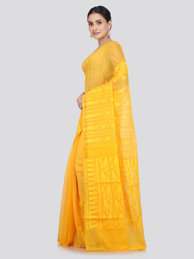 Pinkloom Women'S Yellow Hand_Woven Soft Cotton Jamdani-Sarees Without Blouse Piece