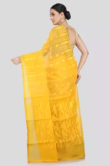 Pinkloom Women'S Yellow Hand_Woven Soft Cotton Jamdani-Sarees Without Blouse Piece