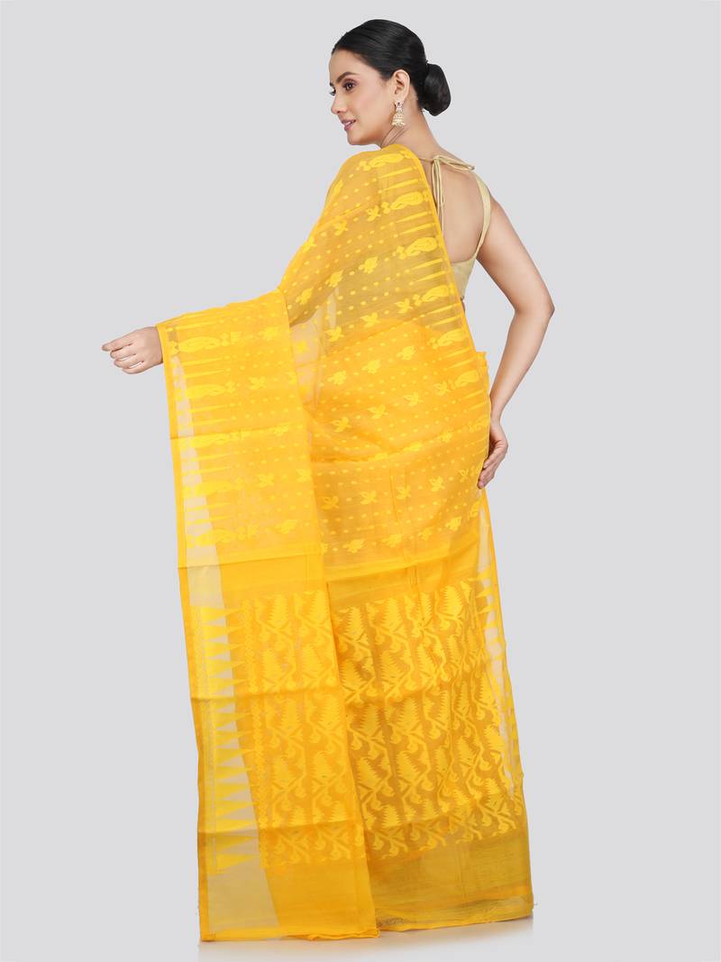 Pinkloom Women'S Yellow Hand_Woven Soft Cotton Jamdani-Sarees Without Blouse Piece