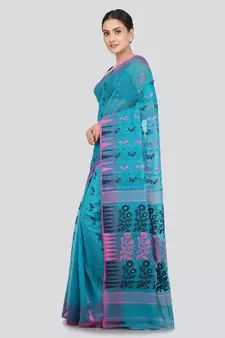 PinkLoom Women's  Blue Hand_Woven Soft Cotton Jamdani-Sarees Without Blouse Piece