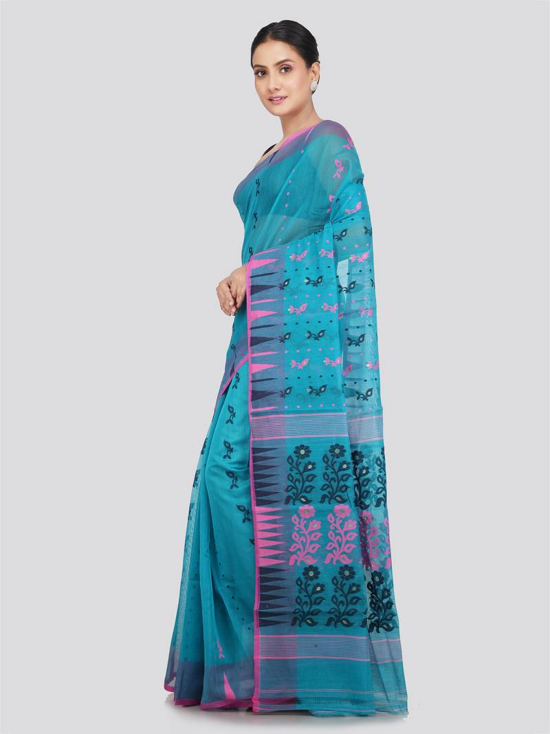 PinkLoom Women's  Blue Hand_Woven Soft Cotton Jamdani-Sarees Without Blouse Piece