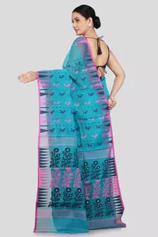 PinkLoom Women's  Blue Hand_Woven Soft Cotton Jamdani-Sarees Without Blouse Piece
