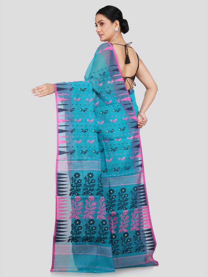 PinkLoom Women's  Blue Hand_Woven Soft Cotton Jamdani-Sarees Without Blouse Piece