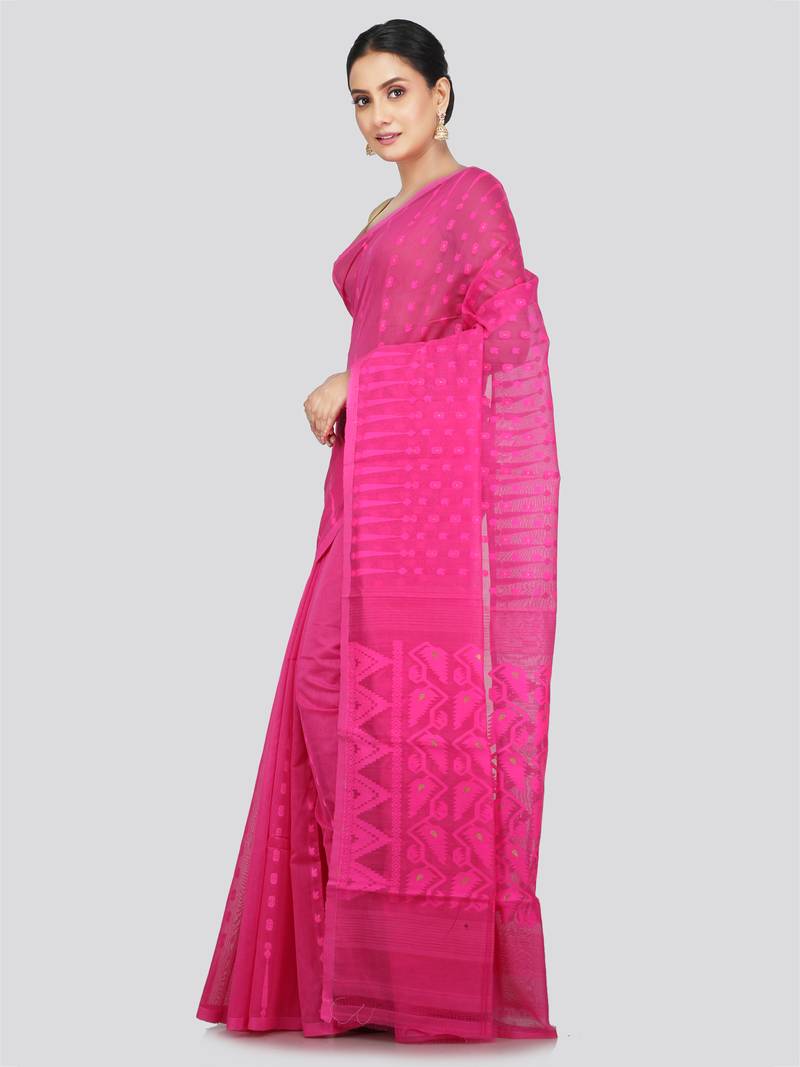 Pinkloom Women'S Pink Hand_Woven Soft Cotton Jamdani-Sarees Without Blouse Piece