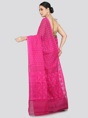 Pinkloom Women'S Pink Hand_Woven Soft Cotton Jamdani-Sarees Without Blouse Piece 3