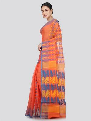 Pinkloom Women'S Orange Hand_Woven Soft Cotton Jamdani-Sarees Without Blouse Piece 2