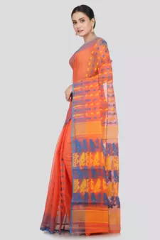 Pinkloom Women'S Orange Hand_Woven Soft Cotton Jamdani-Sarees Without Blouse Piece