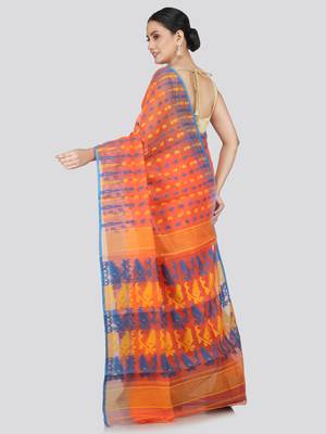 Pinkloom Women'S Orange Hand_Woven Soft Cotton Jamdani-Sarees Without Blouse Piece 3
