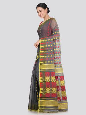 Pinkloom Women'S Black Hand_Woven Soft Cotton Jamdani-Sarees Without Blouse Piece 2