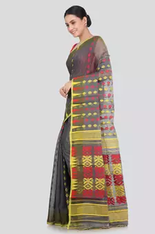 Pinkloom Women'S Black Hand_Woven Soft Cotton Jamdani-Sarees Without Blouse Piece