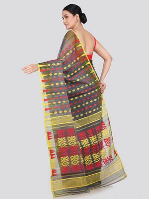 Pinkloom Women'S Black Hand_Woven Soft Cotton Jamdani-Sarees Without Blouse Piece 3