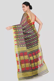 Pinkloom Women'S Black Hand_Woven Soft Cotton Jamdani-Sarees Without Blouse Piece