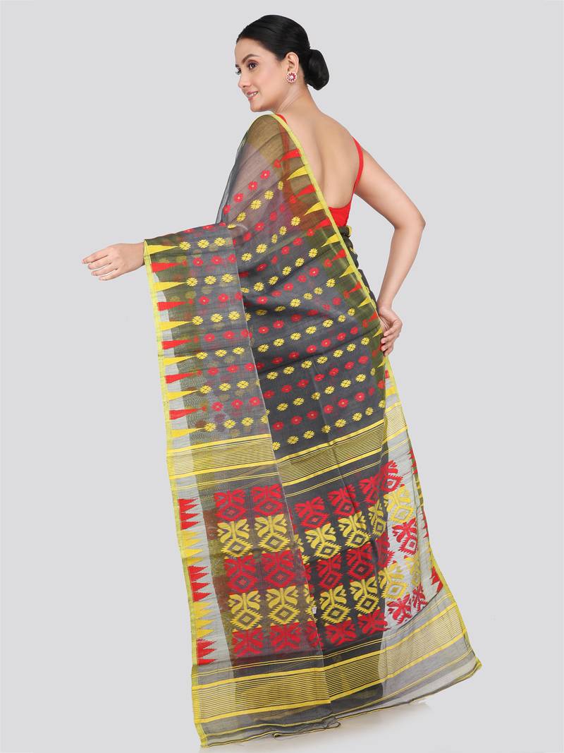 Pinkloom Women'S Black Hand_Woven Soft Cotton Jamdani-Sarees Without Blouse Piece