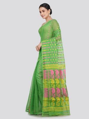 Pinkloom Women'S Green Hand_Woven Soft Cotton Jamdani-Sarees Without Blouse Piece 2