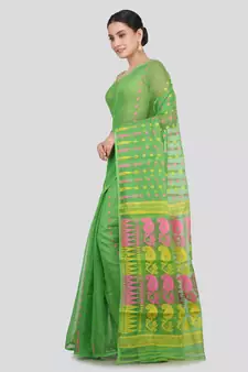 Pinkloom Women'S Green Hand_Woven Soft Cotton Jamdani-Sarees Without Blouse Piece