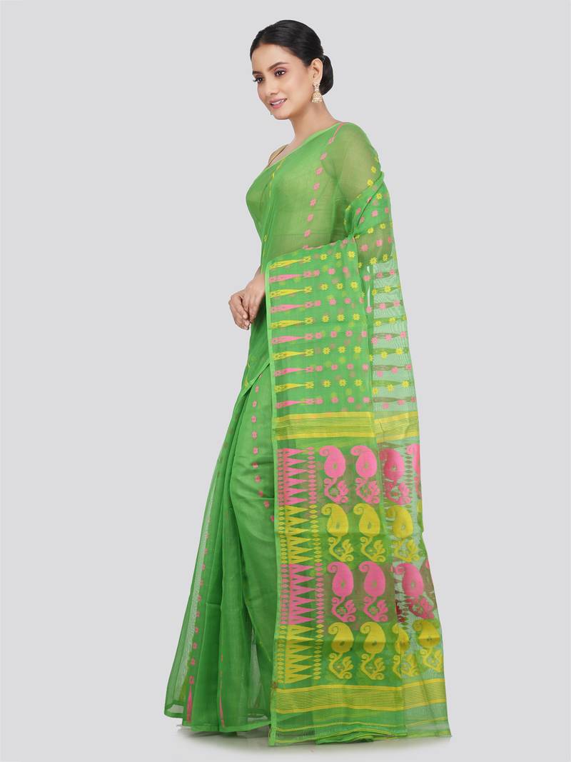 Pinkloom Women'S Green Hand_Woven Soft Cotton Jamdani-Sarees Without Blouse Piece