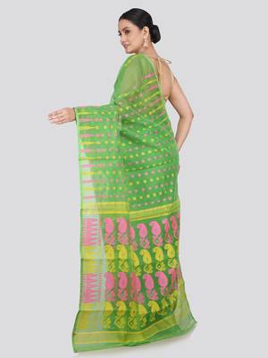 Pinkloom Women'S Green Hand_Woven Soft Cotton Jamdani-Sarees Without Blouse Piece 3