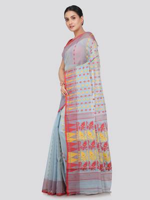 Pinkloom Women'S Blue Hand_Woven Soft Cotton Jamdani-Sarees Without Blouse Piece 2