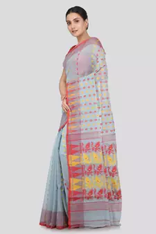 Pinkloom Women'S Blue Hand_Woven Soft Cotton Jamdani-Sarees Without Blouse Piece